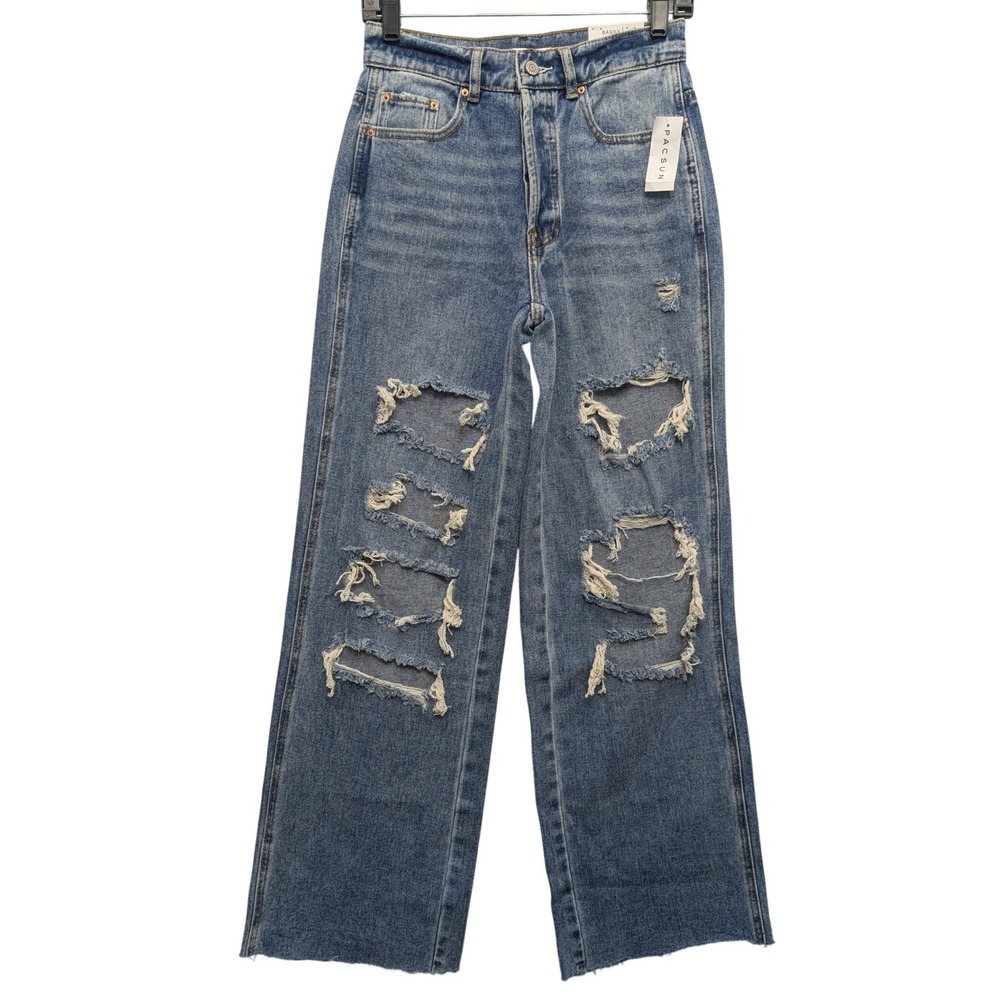 NWT PacSun Baggy Jeans Women 26 Blue Distressed High Rise Wide Leg